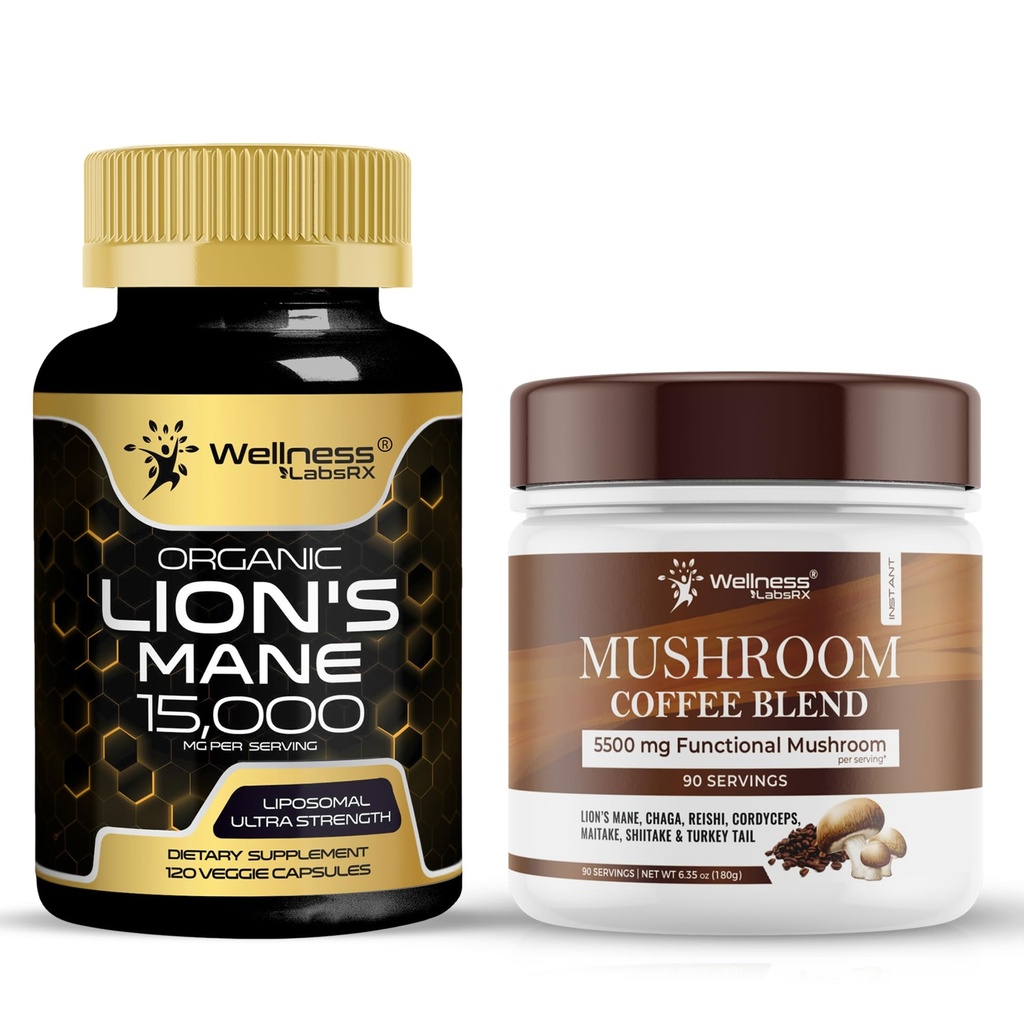 WELLNESS LABSRX Lions Mane Supplement Capsules - Mushroom Coffee Blend | Bundle
