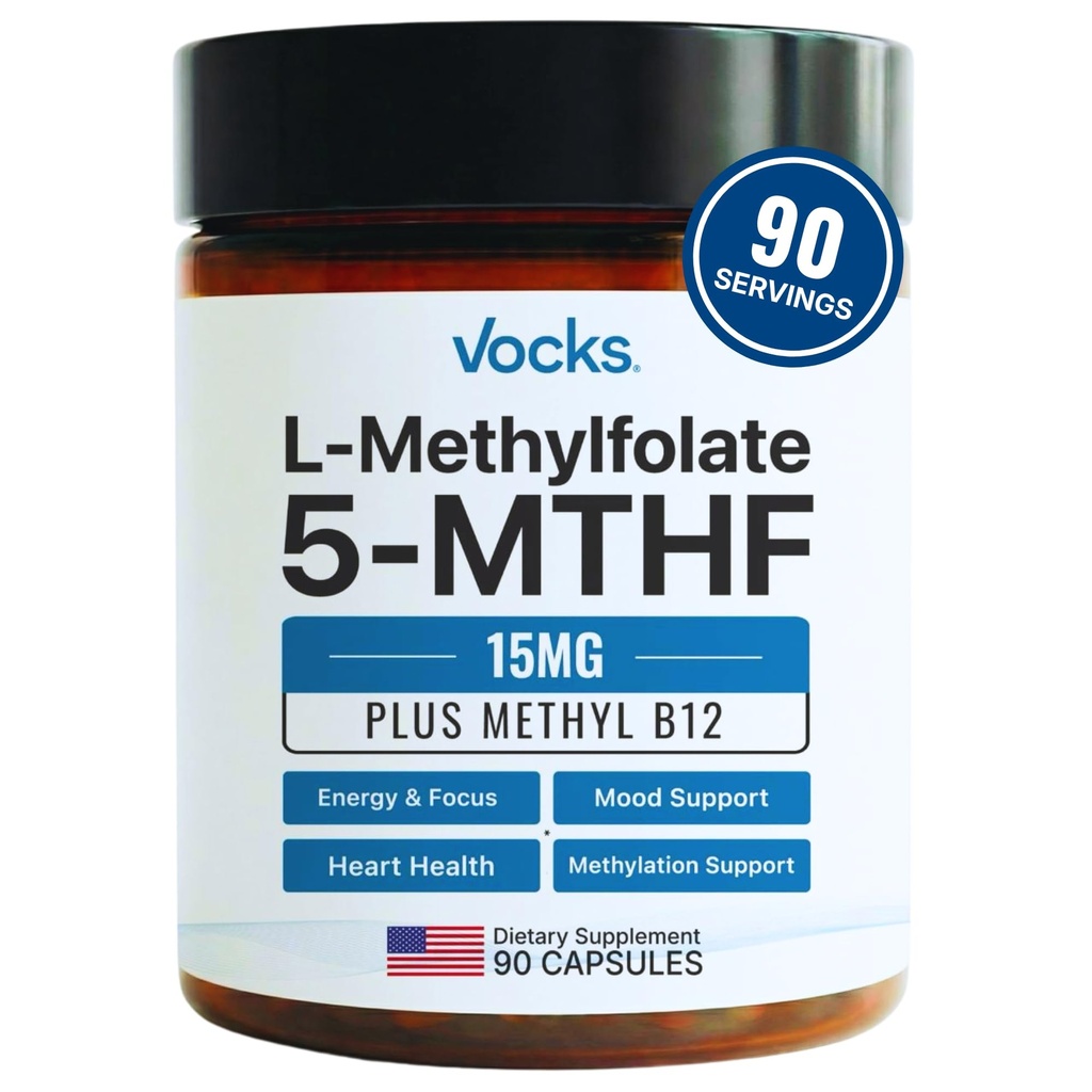 L 甲基folate 15mg 5-MTHF + 甲基 B12 → 高潜力甲基folate 补充 → 活性甲基Folate 维生素 B9 → MTHFR 补充 → 富拉特 女性和男性 → 90 Capsules