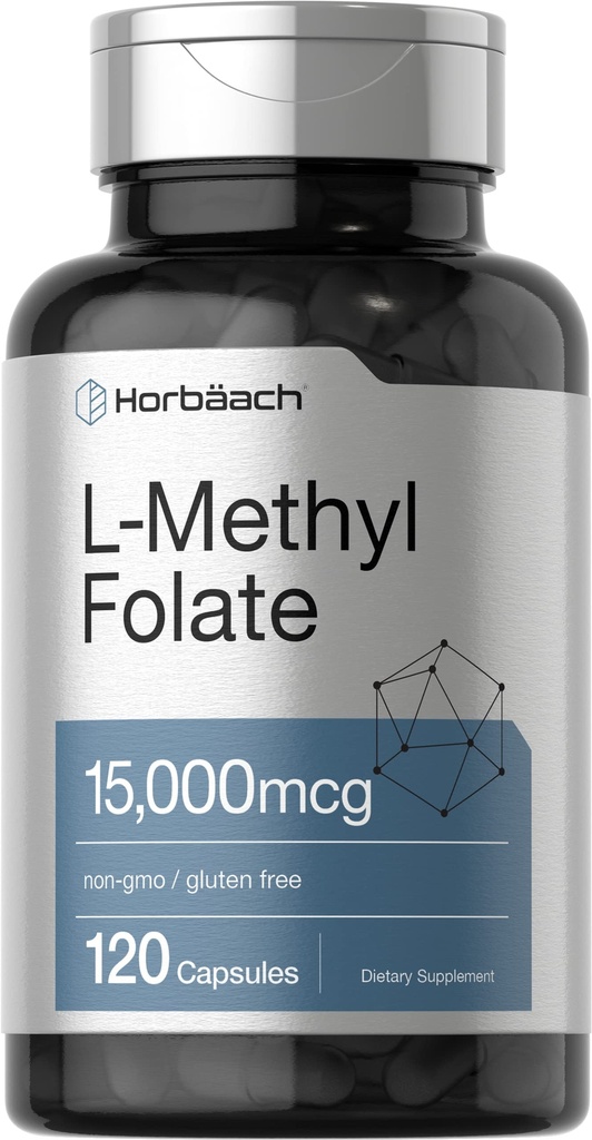 Horbäach L 甲基folate 15000 mcg → 120 capsules → 15 mg 甲基Folate → 5-MTHF → → 5-MTHF → Non-GMO, Gluten Free Supplement