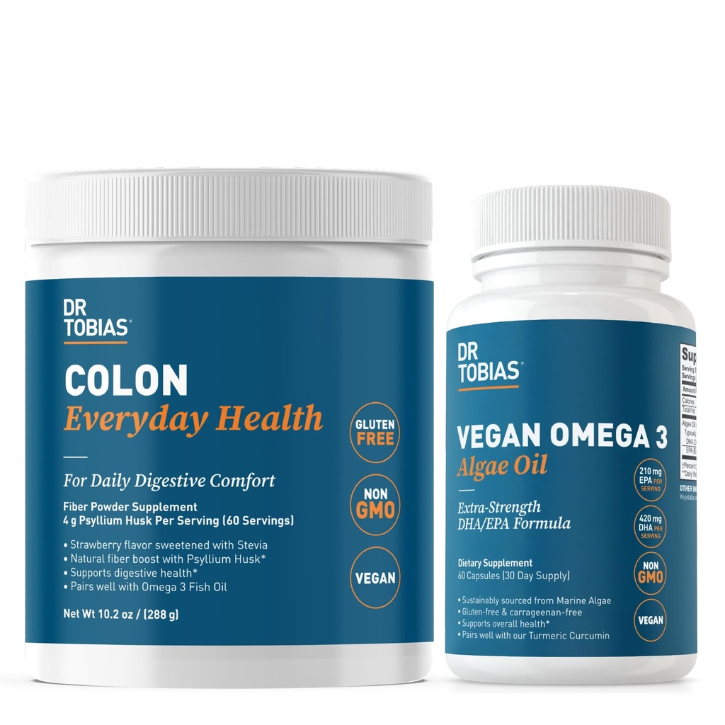 Tobias Colon博士 每日健康与Vegan Omega 3 Algae Oil -- -- 与Husk Psyllium和DHA EPA Omega 3s、Vegan、N-GMO合作的消化健康与日常健康支持