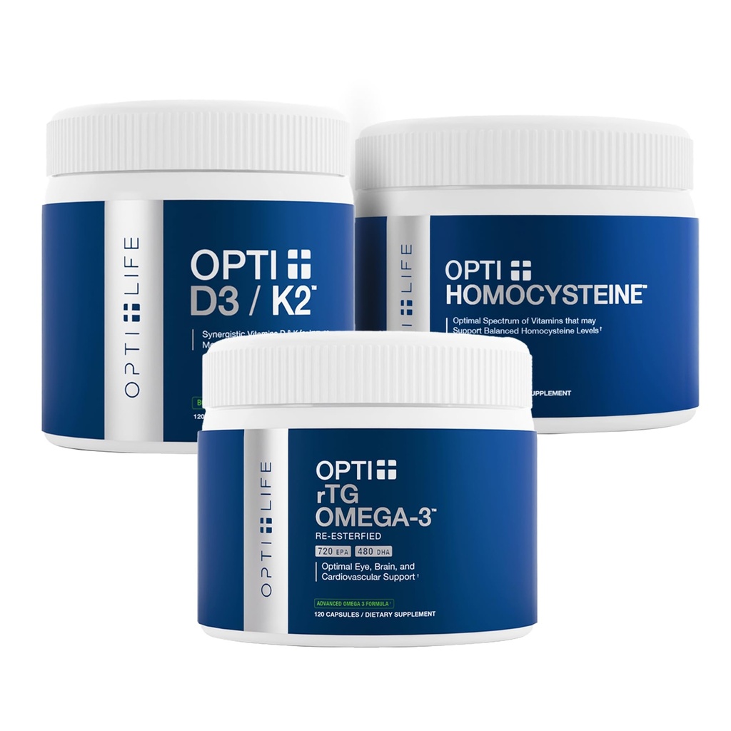 Opti+ Heart & Vascular Health Bundle - rTG Omega-3,Homocysteine B-维生素 & D3 K2 补充 Kit 支持心血管健康与健康老龄化* 3-生产每日心脏支持包