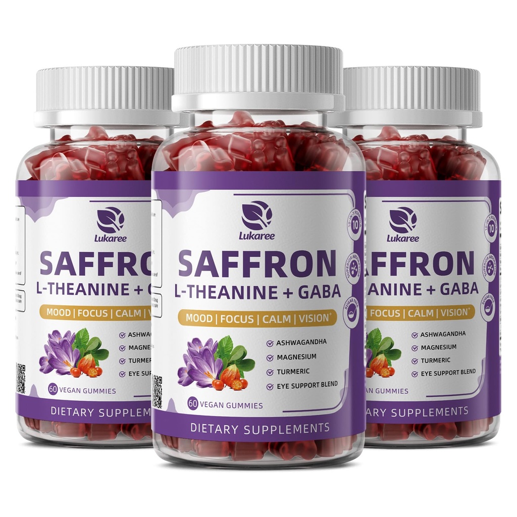10in-1 Saffron Gummys 配有 L-Theanine 200mg, GABA, Ashwagandha, Turmeric, Lutein, Zeaxanthin & Astaxanthin 配有 Mood, Focus & Eye 支持糖无糖, Vegan, Berry Flavor, 3 Pack