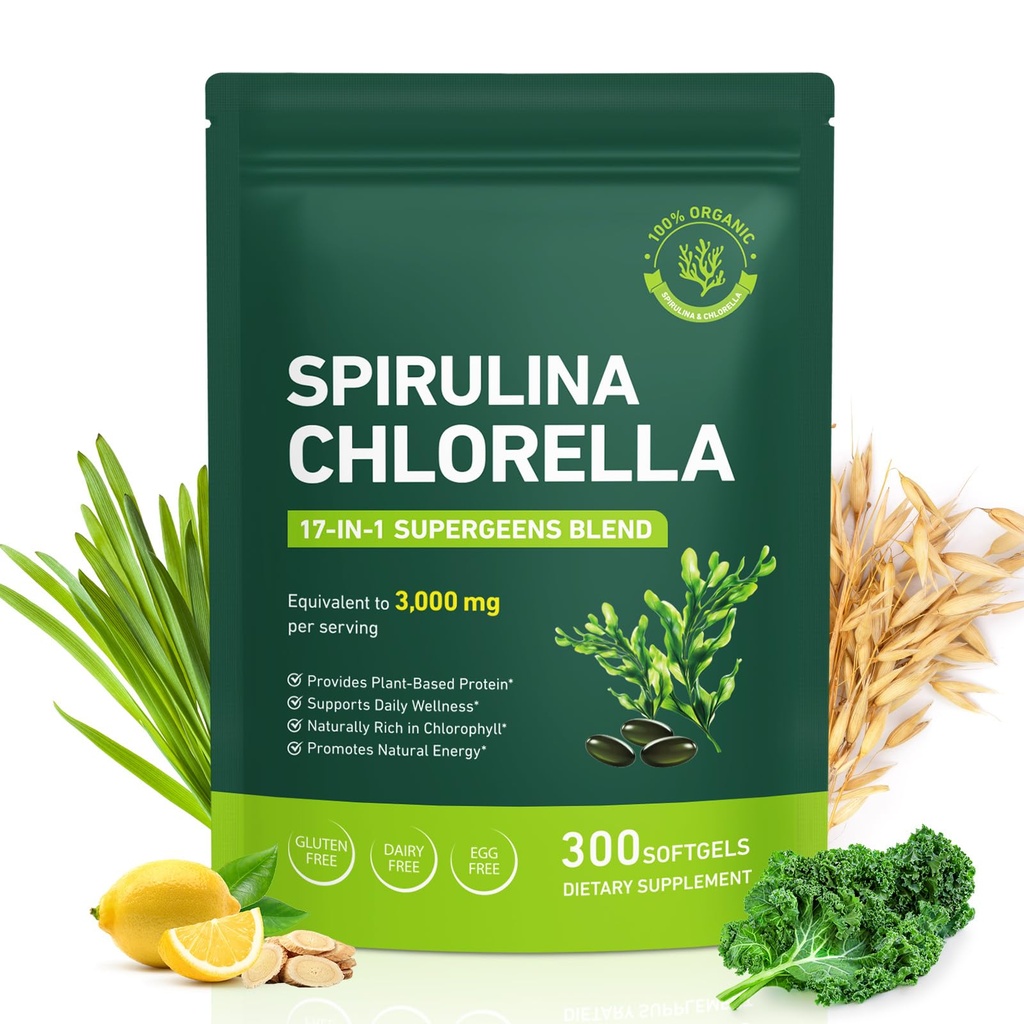 Spirulina Chlorella Capsules 3100mg – Vegan Green Superfood, 50/50 Algae Blend for Immune Support & Energy – Rich in Protein, Chlorophyll,维生素和矿物, 300 Capsules