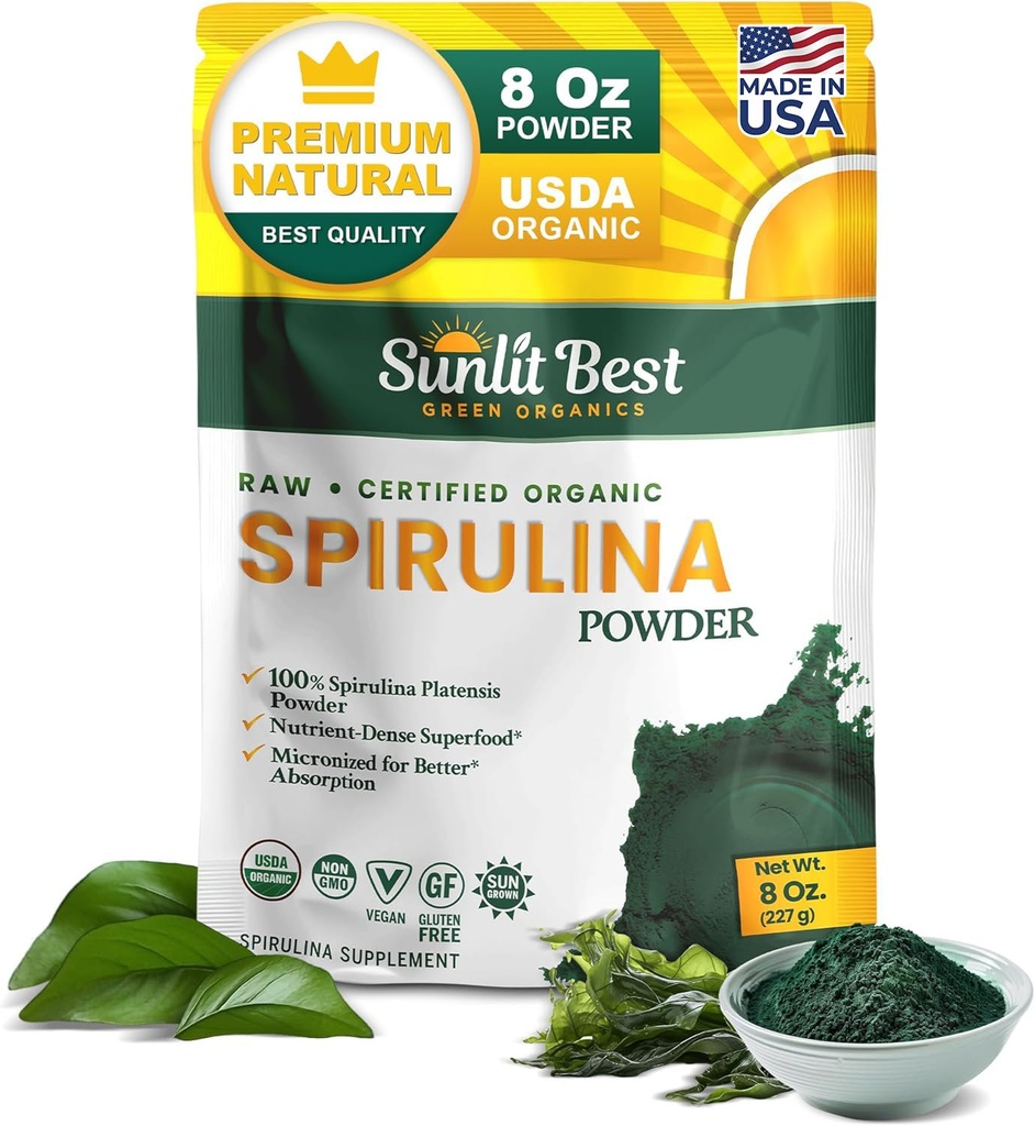 Sunlit Best Spiruina Powder Organization USDA - 氯phy,快速吸收,蓝绿色螺旋藻,Raw Vegan蛋白 - 非GMO,Gluten免费超级食品能源,Gut,Immune支持补编 - 8 Oz
