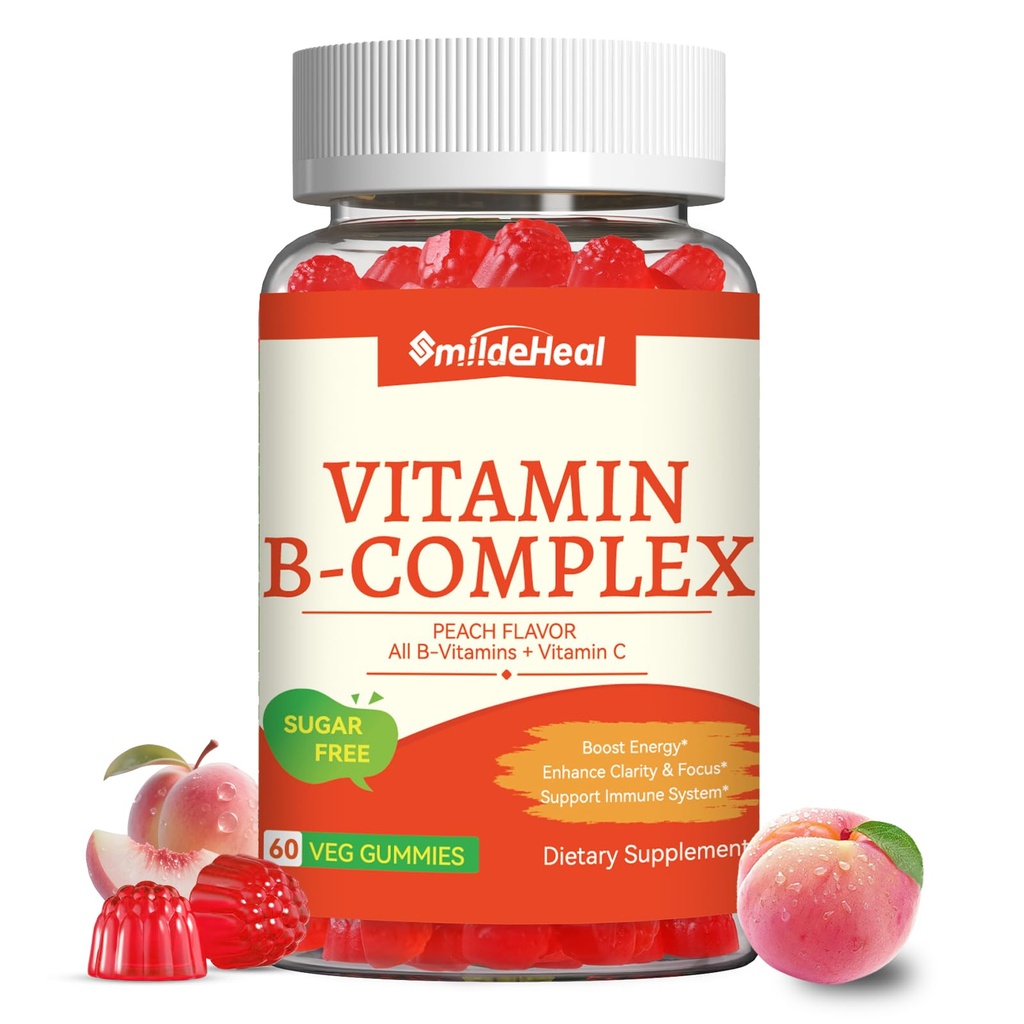 Vitamin B Complex Gummies for Women & Men - Vitamin B12, B1, B2, B3, B5, B6, B7 & B9 - B Complex with Vitamin C & Choline - Energy & Immune Support* - Vegan, Sugar Free, Peach Flavor - 60 Gummies