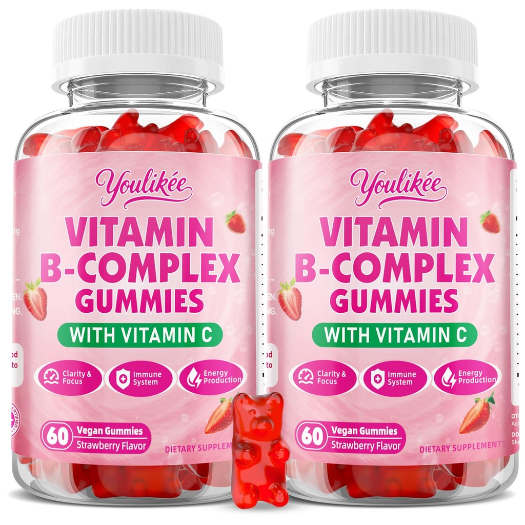 2 Pack Vitamin B-Complex Gummies for Women & Men, Methyl B12, B1, B2, B3, B5, B6, B7 & B9 - Vitamin B Complex with Vitamin C Supports Energy & Immune Function, Strawberry Flavor, 120 Count
