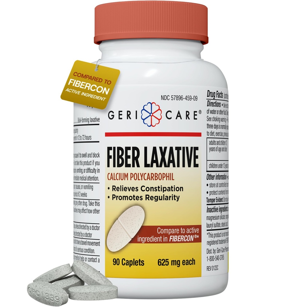 GeriCare Fiber Laxative - 625mg Calcium Polycarbophil Fiber 男女辅助剂 - 对便秘和出血的有效OTC救济 - 不溶性纤维盖(90个计数)