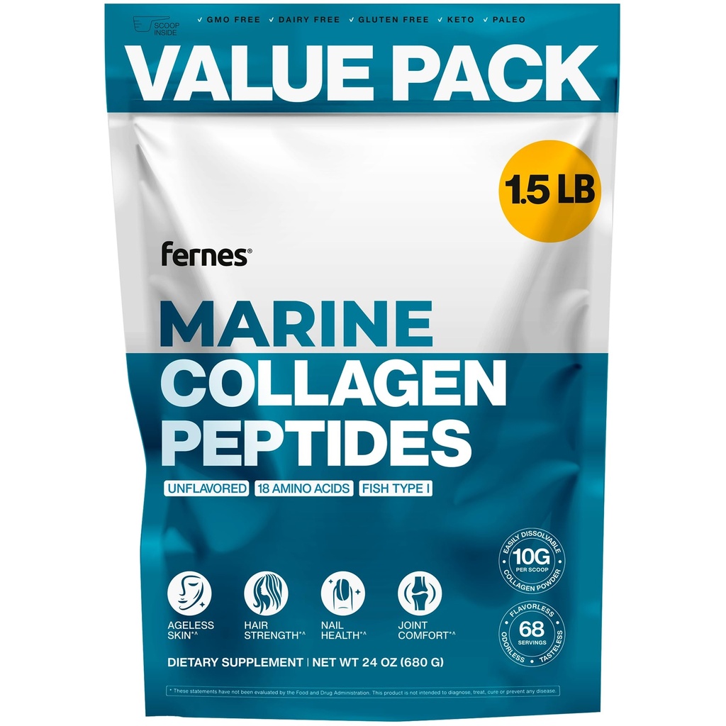 Marine Collagen Peptides for Women Men (1.5LB) Fish Type I Flavorless & Odorless Easy-Mix Hydrolyzed Protein Joint Hair Skin Wound Healing & Nail Support Gluten-Free Non-GMO Keto Paleo Kosher