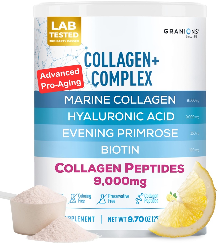 Marine Collagen Powder Supplement - Type I Hydrolyzed Marine Collagen Peptides, Biotin, Hyaluronic Acid, Vitamin C, Vital Antioxidants Complex - Skin Supplements for Women - Pink Lemonade, 9.7oz