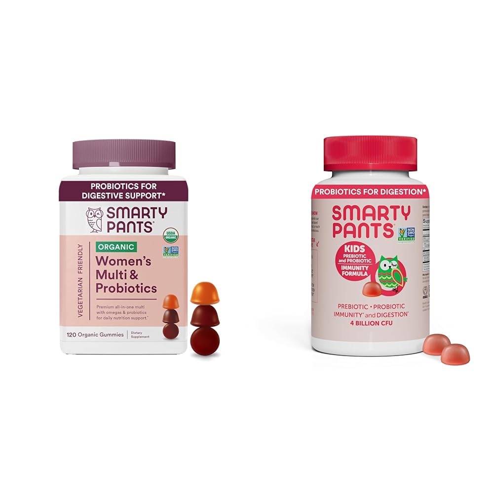 SmartyPants Organic Women's Multivitamin Gummies Bundle with Kids Probiotic Immunity Gummies, 60-120 Count