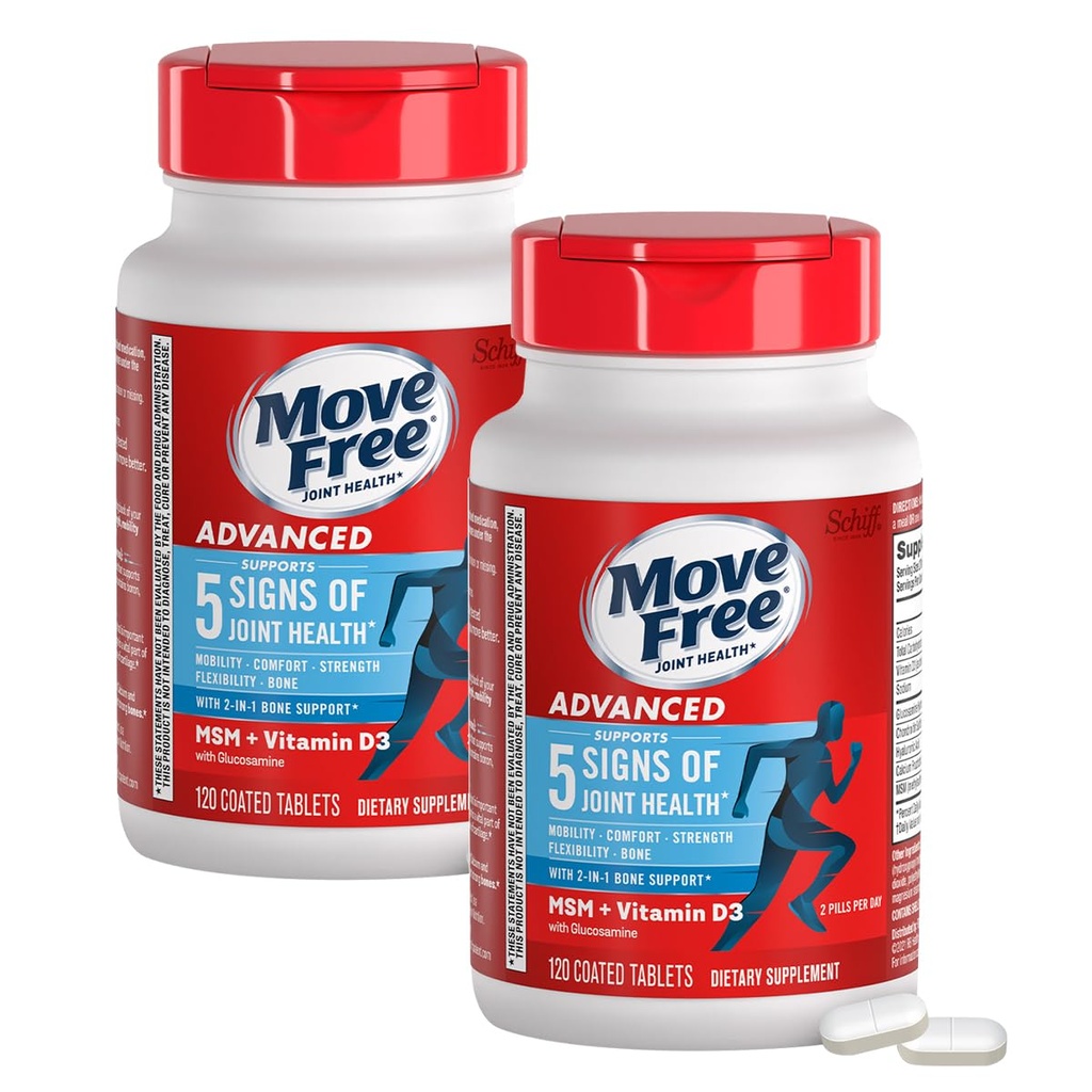 Move Free Advanced Glucosamine Chondroitin MSM + Vitamin D3 Joint Support Supplement, Supports Mobility, Comfort, Strength, Flexibility & Bone + Immune Health, 120 Tablets/40 Servings (2 Pack)