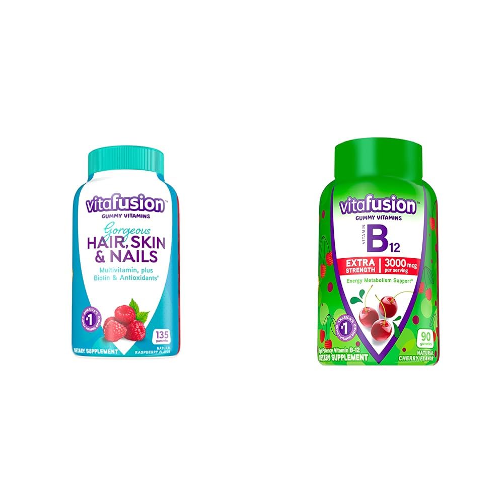 Vitafusion Gorgeous Hair, Skin & Nails Multivitamin Plus Biotin, Vitamin B12 Cherry Gummies for Energy Metabolism Support, 135ct & 90ct
