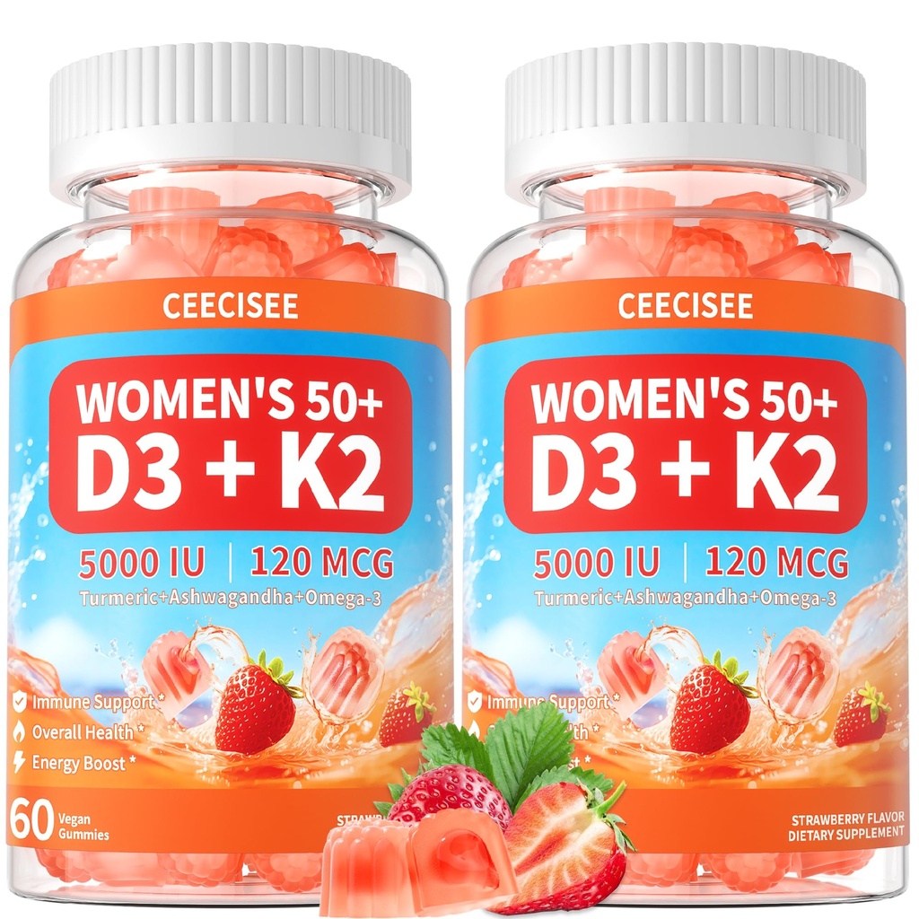 Vitamin D3 K2 Gummies Supplement for Women 50+: Organic Vitamin D3 5000 IU + K2 (MK-7) 120 mcg with 500mg Omega-3, 400mg Calcium, CoQ10 for Immune Health - Extra Strength for Adults(120Count)