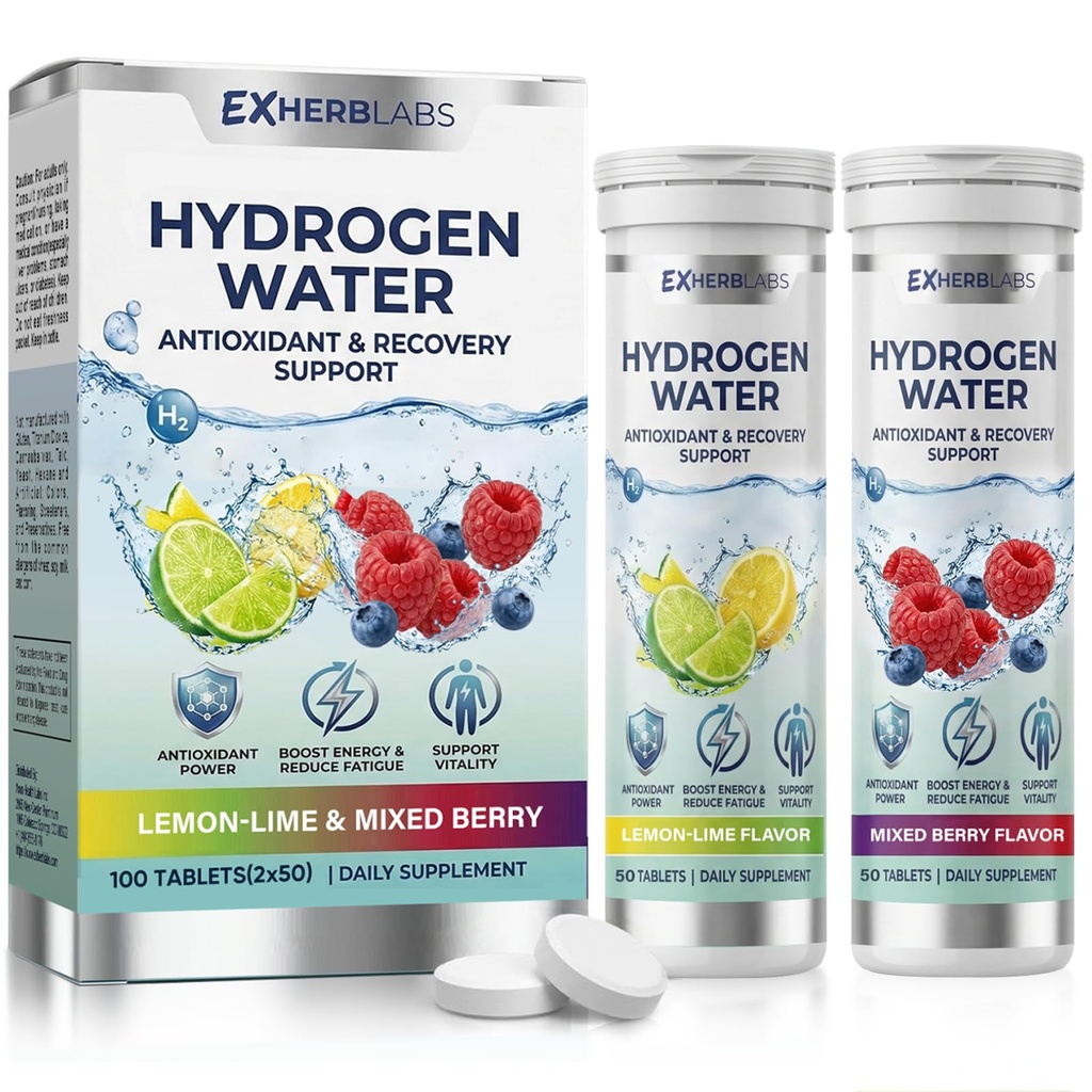 Hydrogen Water Tablets, Molecular Hydrogen Tablets for Drinking Water with 200mg Magnesium, 100 H2 Tabs (Lemon-Lime & Mixed Berry), Antioxidant & Recovery Support, Boost Daily Energy