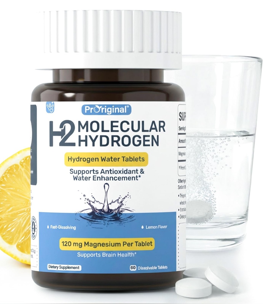 Hydrogen Water Tablets - 12 PPM H2 Molecular Hydrogen - 120 mg Magnesium-Based Reaction System - Supports Antioxidant & Cellular Health, Energy & Brain Function - Non-GMO - Lemon Flavor - 60 Tablets