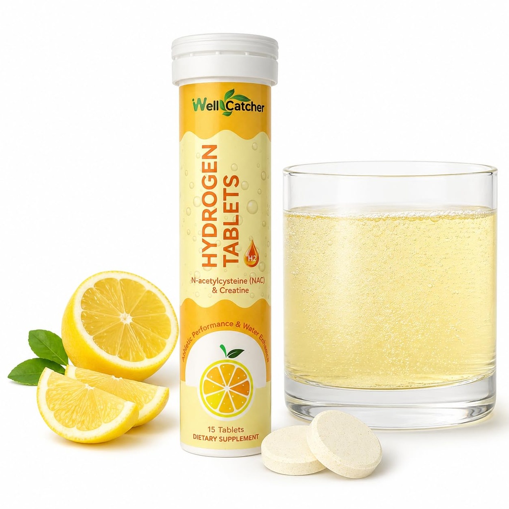 Hydrogen Tablets for Drinking Water: Molecular Hydrogen Tabs 12.4PPM with Magnesium NAC Creatine Supports Antioxidants Cellular Health Recovery Cognitive Function Vegan Organic Lemon Flavor