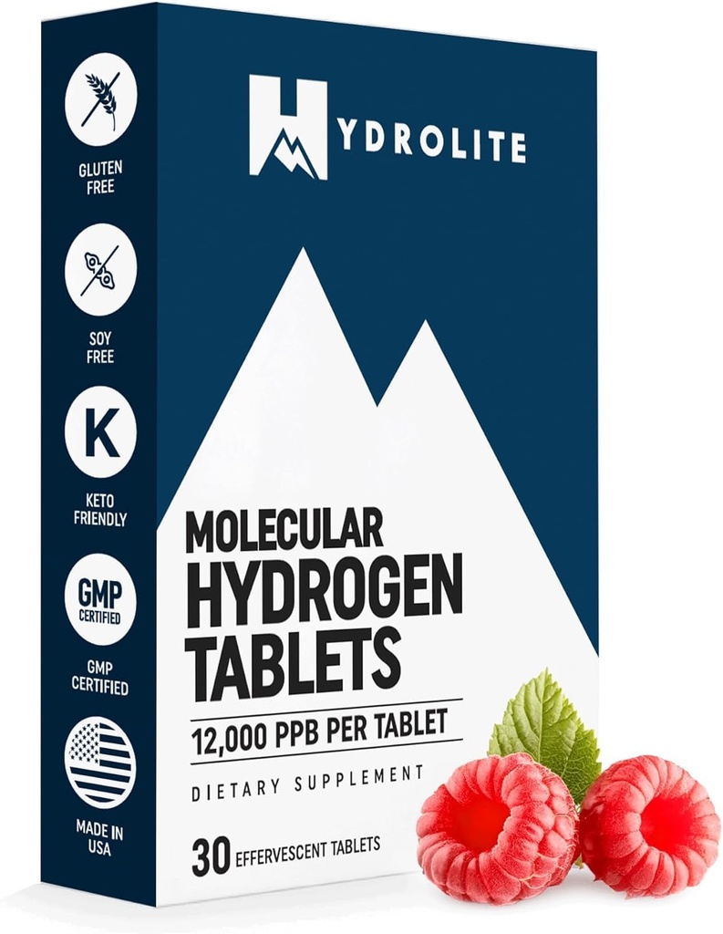 HydroLite Molecular Hydrogen Tablets for Drinking Water | Highest Concentration H2 12,000 PPB | Energy Booster, Enhance Performance & Recovery | Made in USA, 30 Tablets (Raspberry)