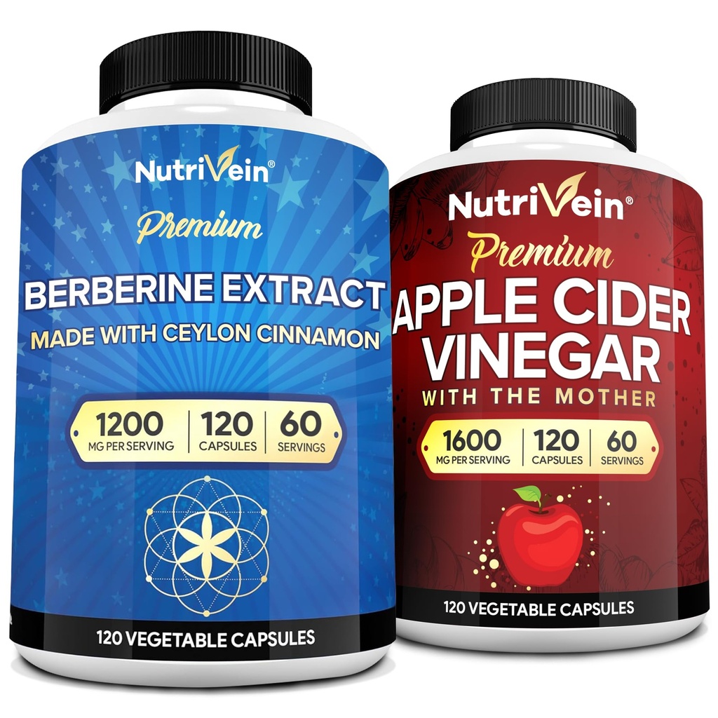 Nutrivein Premium Apple Cider Vinegar Capsules & Berberine Supplement Bundle: High-Absorption Berberine & Apple Cider Vinegar Supplements Bundle for Digestion, Detox, & Whole-Body Balance