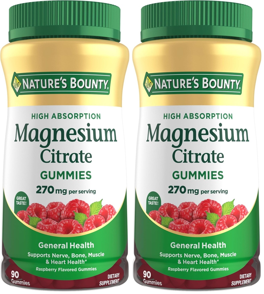 Nature's Bounty Magnesium Citrate Gummies for Adults,Supports General Health,Bone,Nerve,Muscle & Heart Health Support,270mg per Serving,Vegan,Non-GMO - Raspberry,90 Count (Pack of 2)