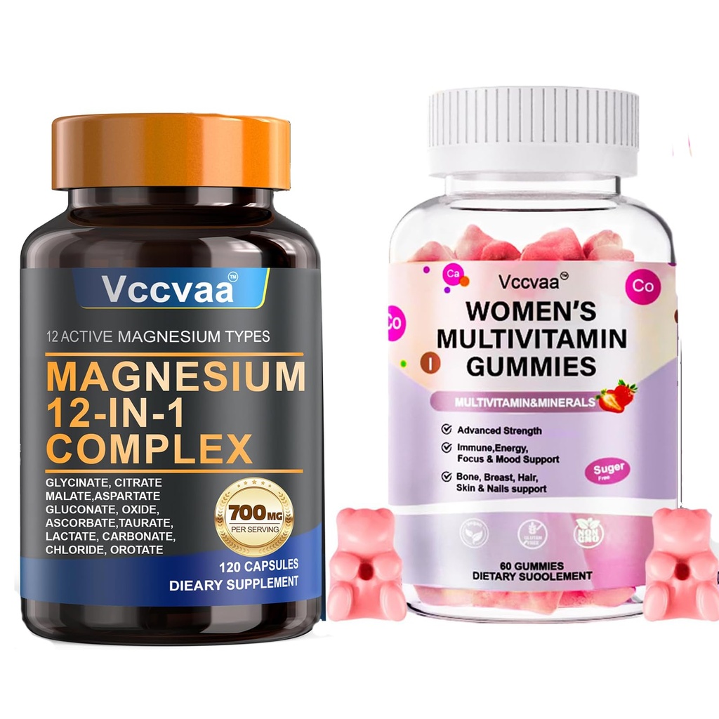 Magnesium Complex 700mg – 12-in-1 & Sugar Free Multivitamin Gummies for Women 14+