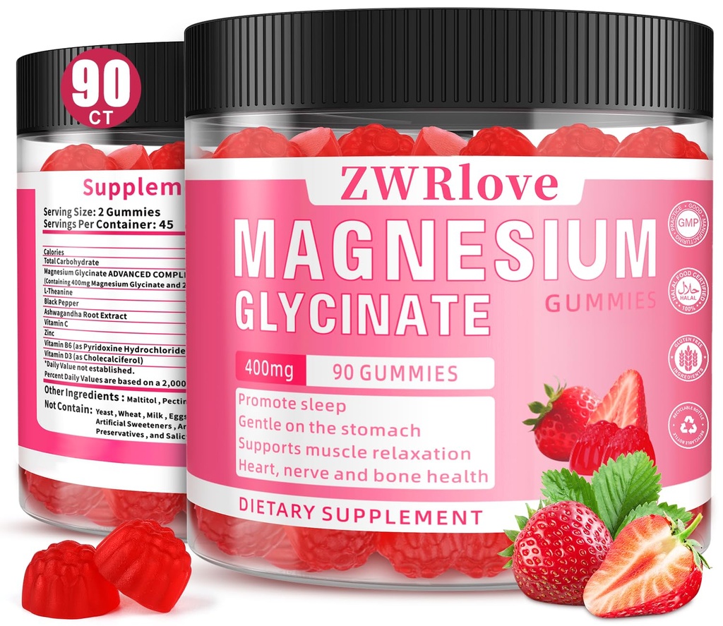 Magnesium Glycinate Gummies 400 mg with Ashwagandha,Magnesium Malate & L-Theanine for Women Men & Kids Adults,Chewable Complex Supplements for Sleep,Calm,Nerves,Heart,Muscles,90 Count