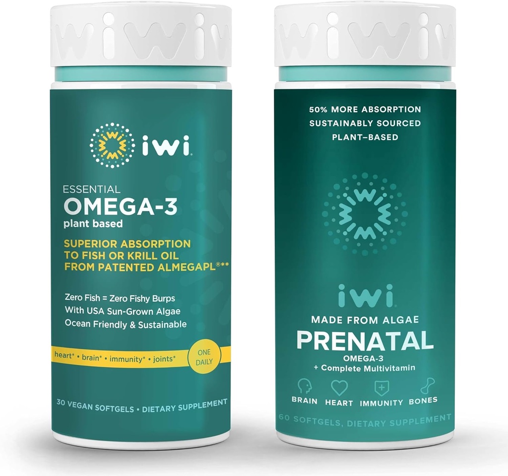 Iwi Omega-3 基本和产前多维特敏盒,30种服务,Vegan 植物藻类 Omega 3, Krill 和鱼油替代品,无鱼味余料