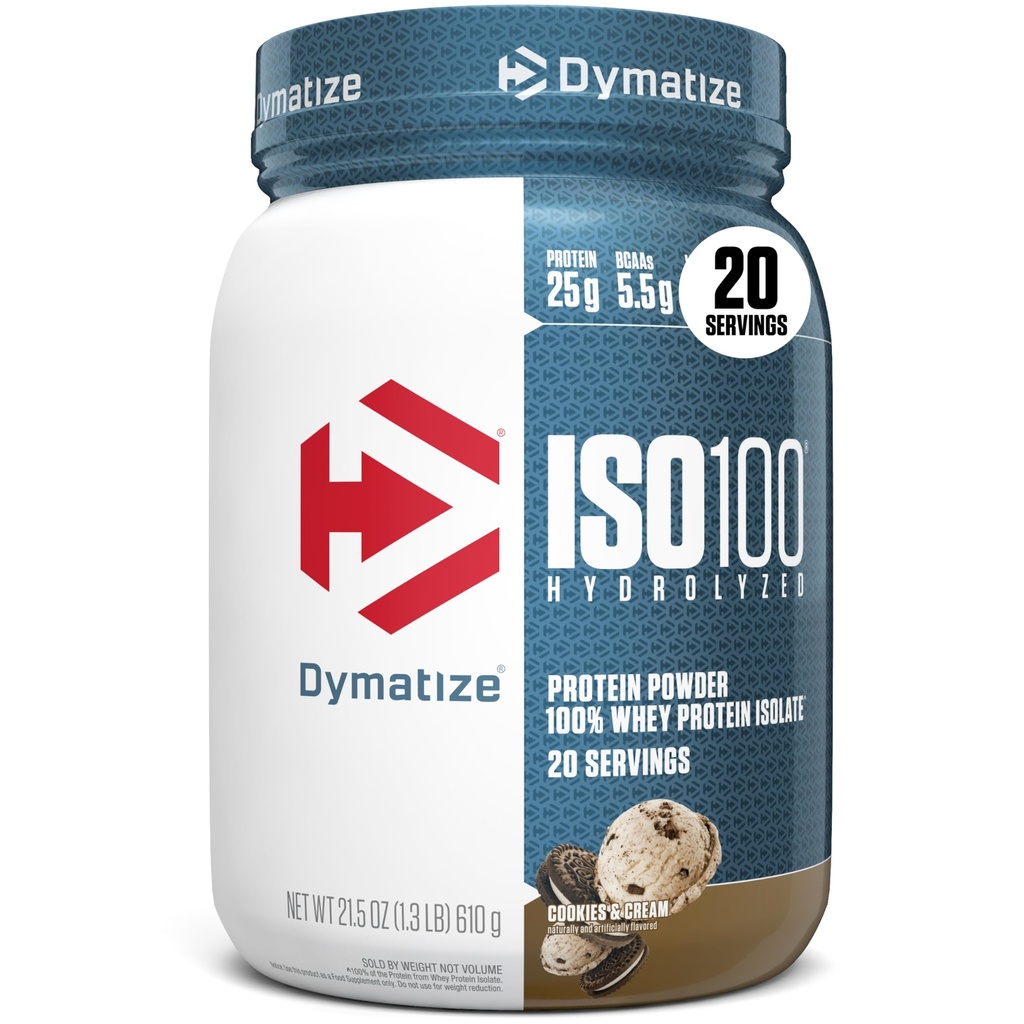 Dymatization ISO100 Whey蛋白蛋白粉隔热酶,饼干和奶油,蛋白质25g,5.5g BCAAs,小于120 Cal.,Gluten Free,1g Fat,1g Sugar,2g Carb (20 services)