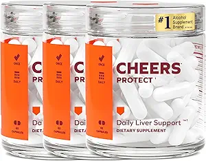 干杯 为饮酒者保护 + L-Cysteine + DHM + 增加 Glutathione 水平 → 90 Doses → Cysteine, Dihydromyricetin, Milk Thetle, Prickly Pear, B-维生素, Ginger