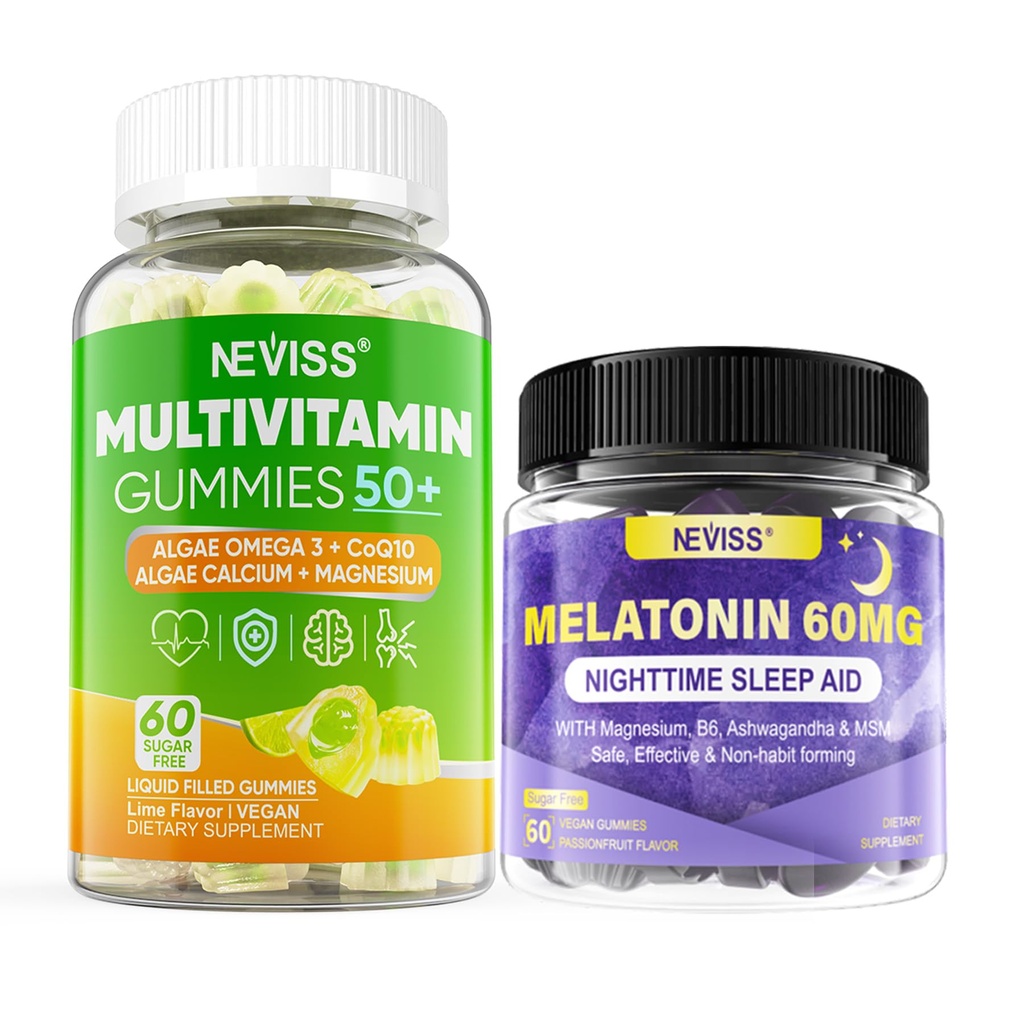 NEVISS Bundle-Melatonin Gummies 60mg+ Multivitamin Gummies for Women & Men 50+