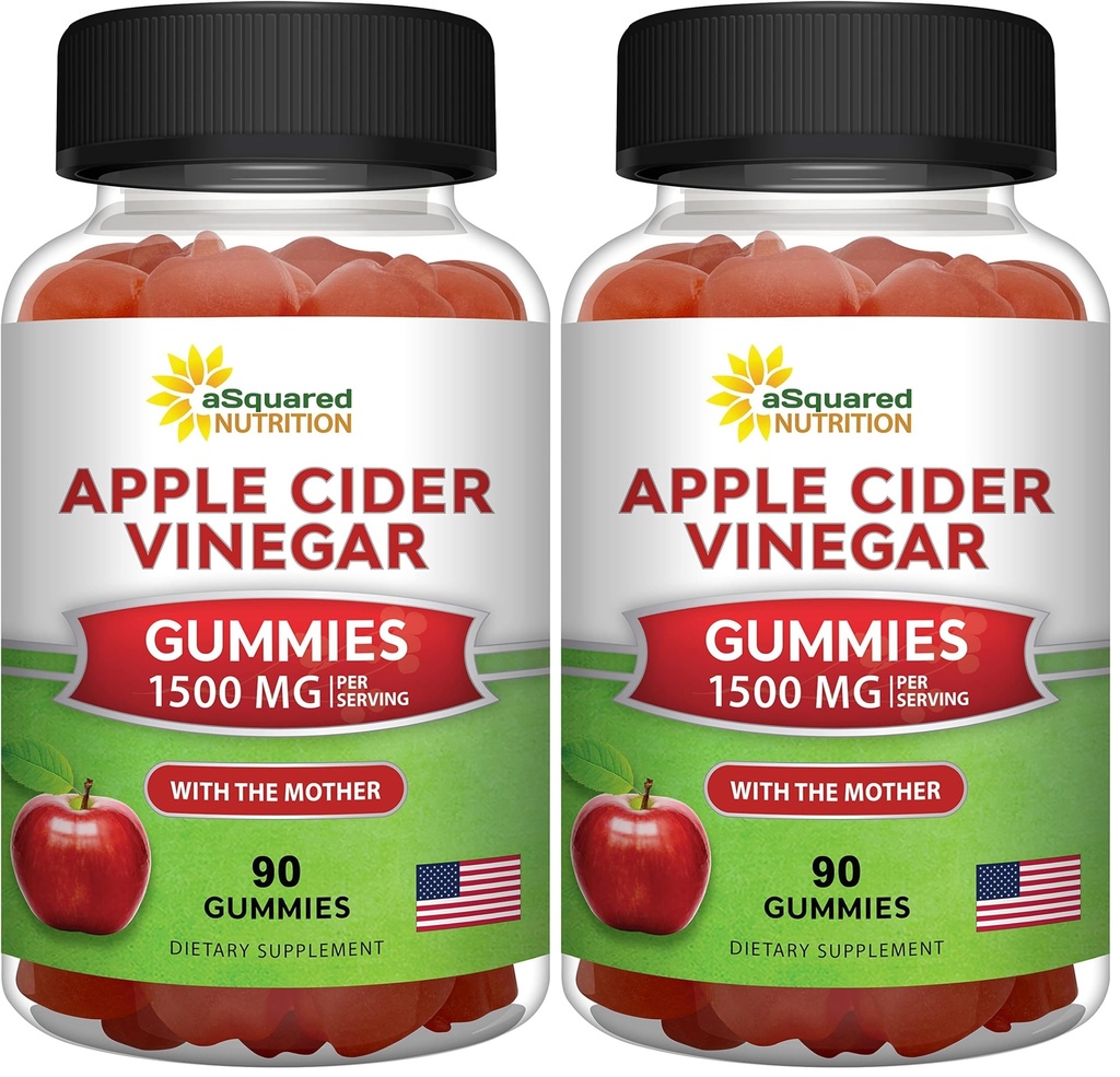 aSquared Nutrition Apple Cider Vinegar Gummies - 1500mg Per Serving - with The Mother - 90 ACV Gummies w/Vitamin B6 & B12, Folic Acid - Vegan Gummy Supplement Alternative to Capsules Pills (Pack of 2)