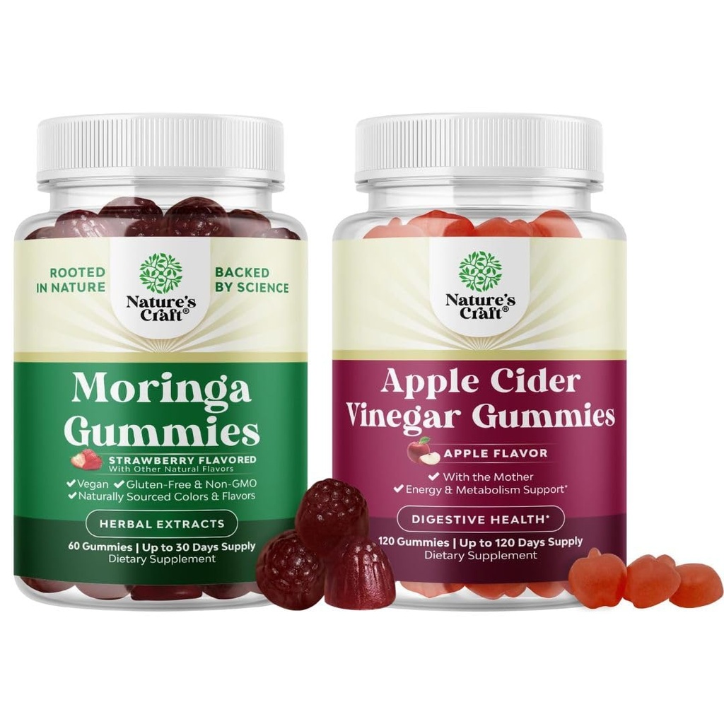 Bundle of Extra Strength Moringa Gummies for Women - Natural Antioxidant Green Superfood Gummy Vitamins and ACV Apple Cider Vinegar Gummies - Natural Energy Supplement ACV with Mother for Body Cleanse