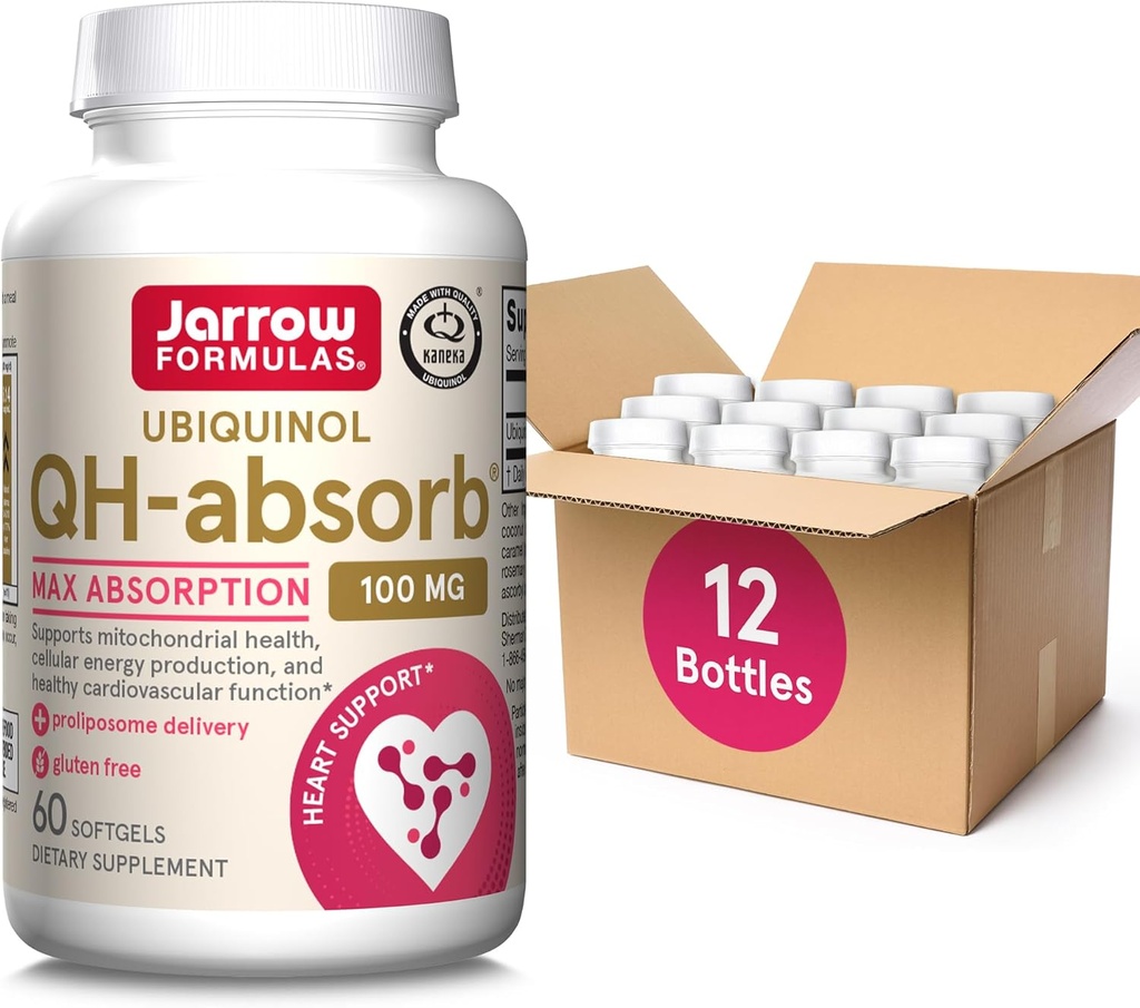 Jarrow公式 QH-Absorb 100 mg 最大吸收-CoQ10 Ubiquinol-最多60 services (Softgels) - 支持Mitochondrial Health, Cellular Energy 生产与健康心血管功能,包装12