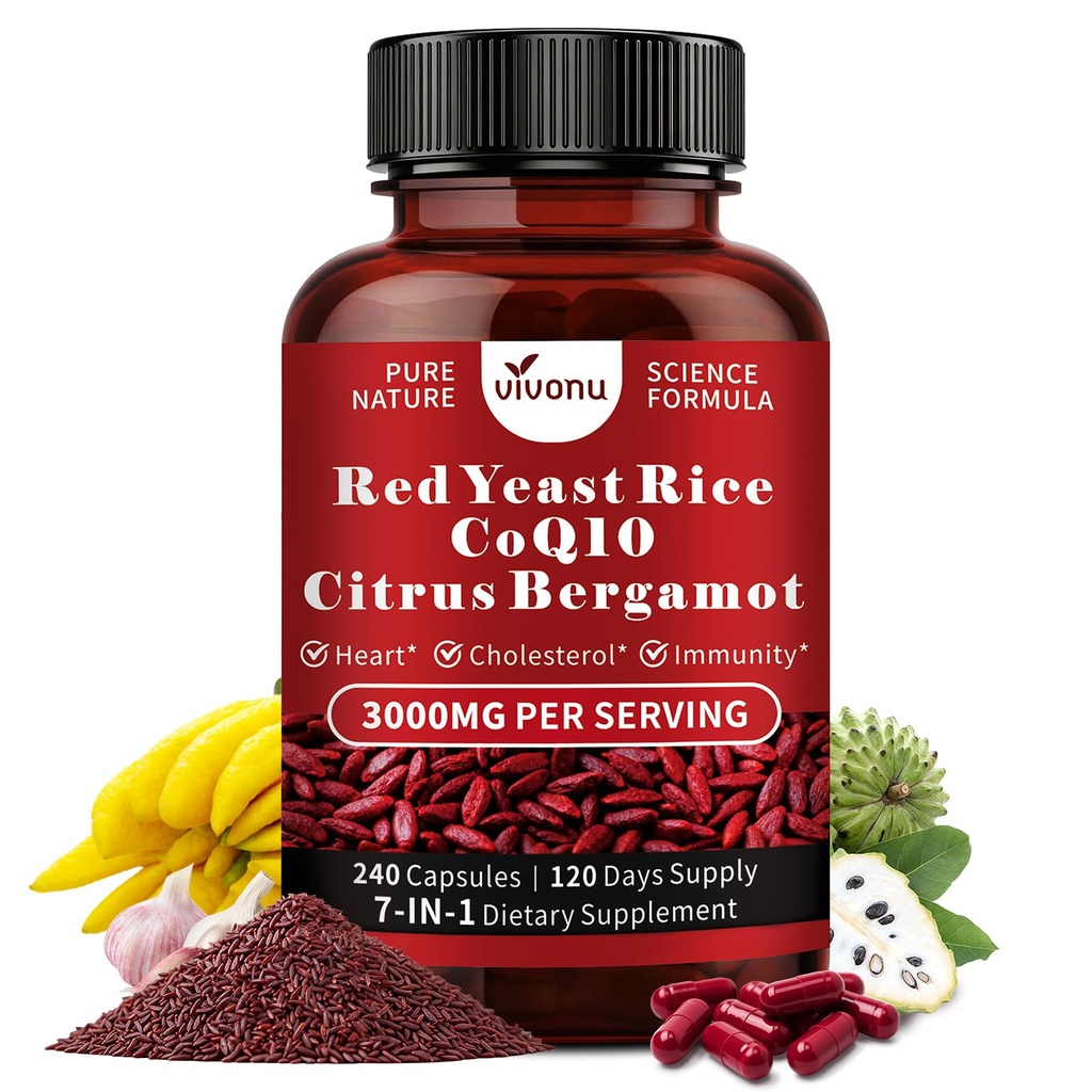 VivoNu Red Yeast Rice with CoQ10, Citrus Bergamot Supplements* | 3000mg Red Yeast Rice, Citrus Bergamot, CoQ10, 240 Capsules