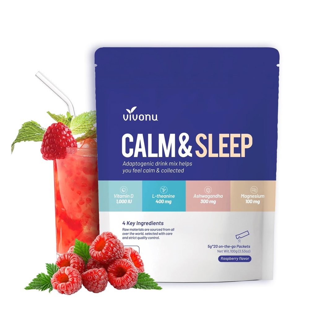 VivoNu Calm & Sleep Powdered Drink Mix Raspberry L Theanine Ksm-66 Ashwagandha Magnesium Glycinate Vitamin D 3 Supplements for Relaxation & Focus (VSC_M7)