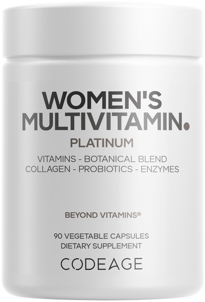 Codeage Women’s Multivitamin Platinum - Vitamins A D3 K1 K2 B12 & Minerals, CoQ10, Skin, Hair & Nails Complex, Collagen, Botanicals, Probiotics, Fermented Greens, Lutein, Astaxanthin - 90 Capsules