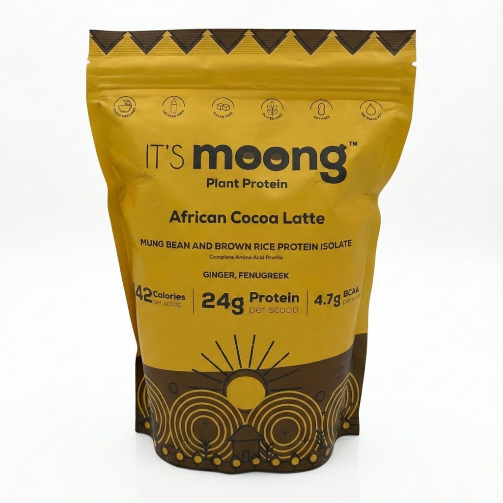 It’s Moong Plant Protein Powder, African Cocoa Latte | Mung Bean & Brown Rice Isolate with Ginger & Fenugreek 24g Protein, 4.7g BCAAs | Vegan, Gluten Free, Soy Free, Sugar Free | 17.64 oz (500g)