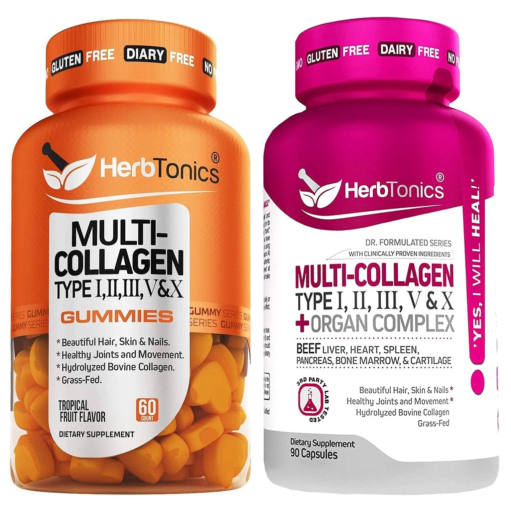 Herbtonics Multi Collagen Gummies with Multi Collagen Capsules Types I, II, III, V & X Protein Peptides and Organ Complex Bundle