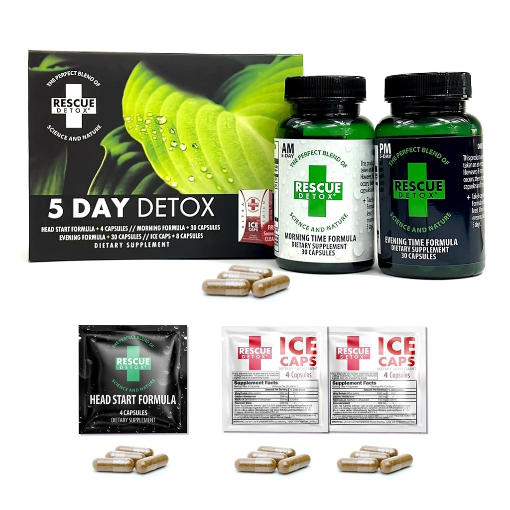 Rescue Detox 5 Day Detox Kit - 72ct Capsules | Comprehensive Full Body Cleanse with Bonus Instant ICE Caps