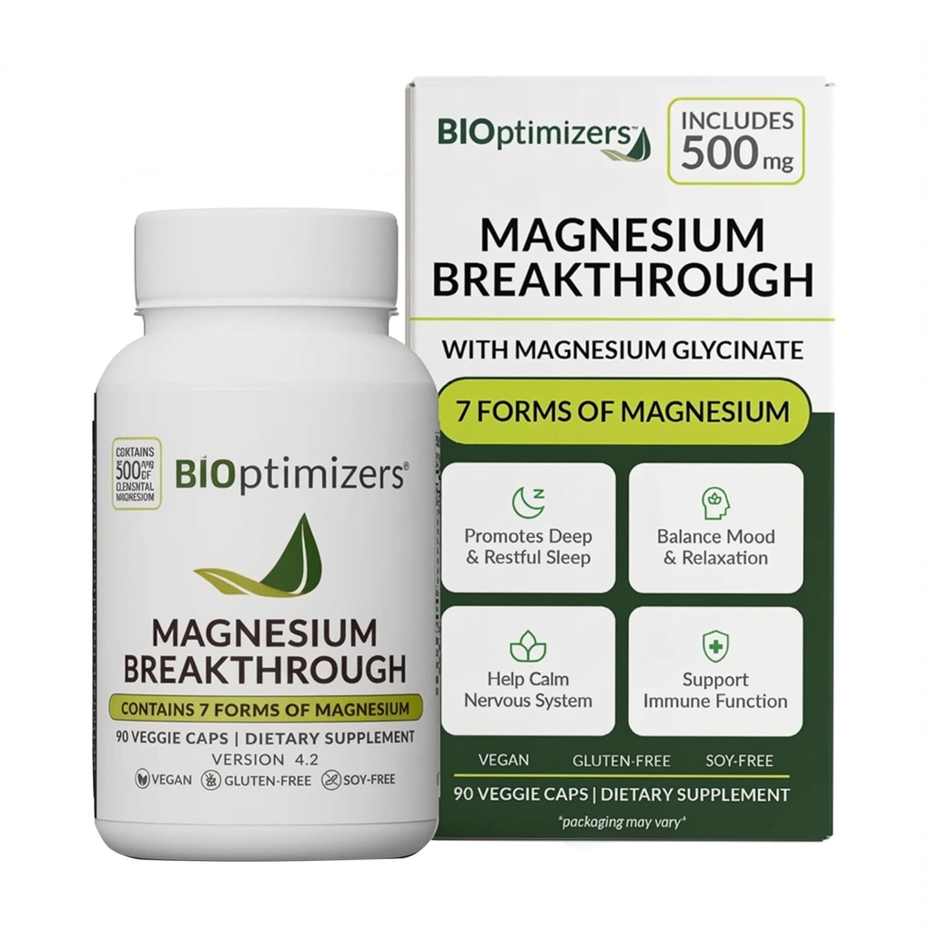 BIOptimizers Magnesium Breakthrough Supplement with 500mg - 7 Forms of Magnesium: Glycinate, Malate, Citrate, and More - Natural Support for Sleep and Cognitive Function -90 Capsules- Calming Vitamins
