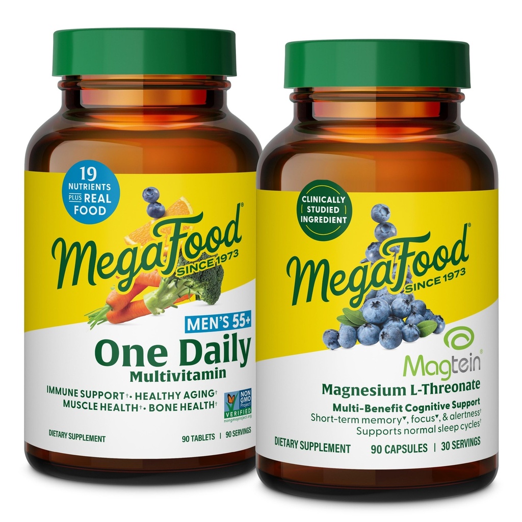 MegaFood Men's 55+ One Daily Multivitamin (90 Tablets) & Magtein Magnesium LThreonate (90 Capsules) Bundle - Supports Energy, Nervous System & Health - Cognitive Support - Gluten Free & Vegetarian