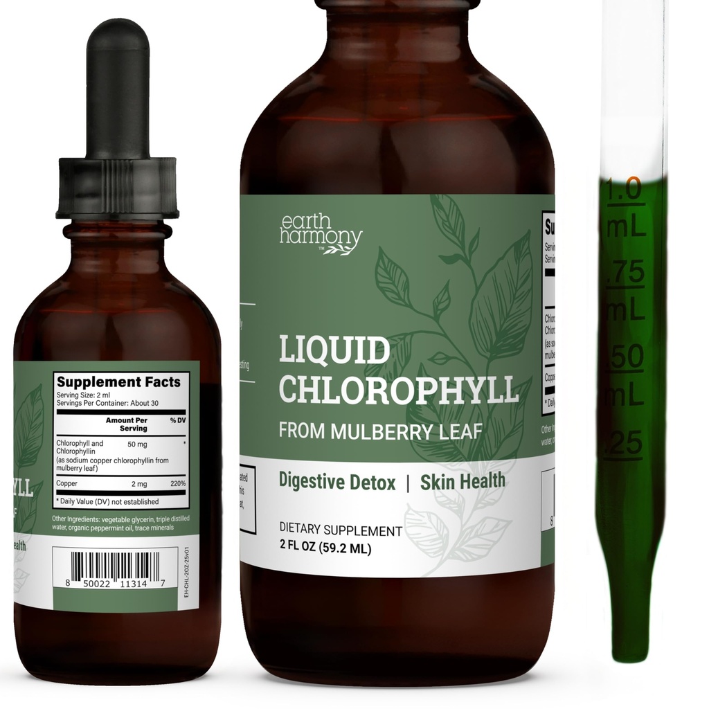 Earth Harmony Liquid Chlorophyll, Liquid Drops for Immune System Support, Natural Internal Deodorant, Vegan Chlorophyll Drops with Organic Glycerin-Clorofila Liquida, Chlorophyllin Detox Cleanse 2 oz