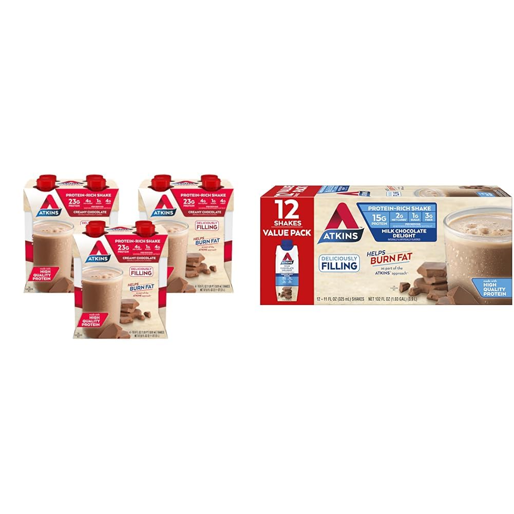 Atkins Creamy Chocolate Meal Size Protein Shake & Milk Chocolate Delight Protein Shake, 15g Protein, Low Glycemic, 2g Net Carb, 1g Sugar, Keto Friendly, 12 Count