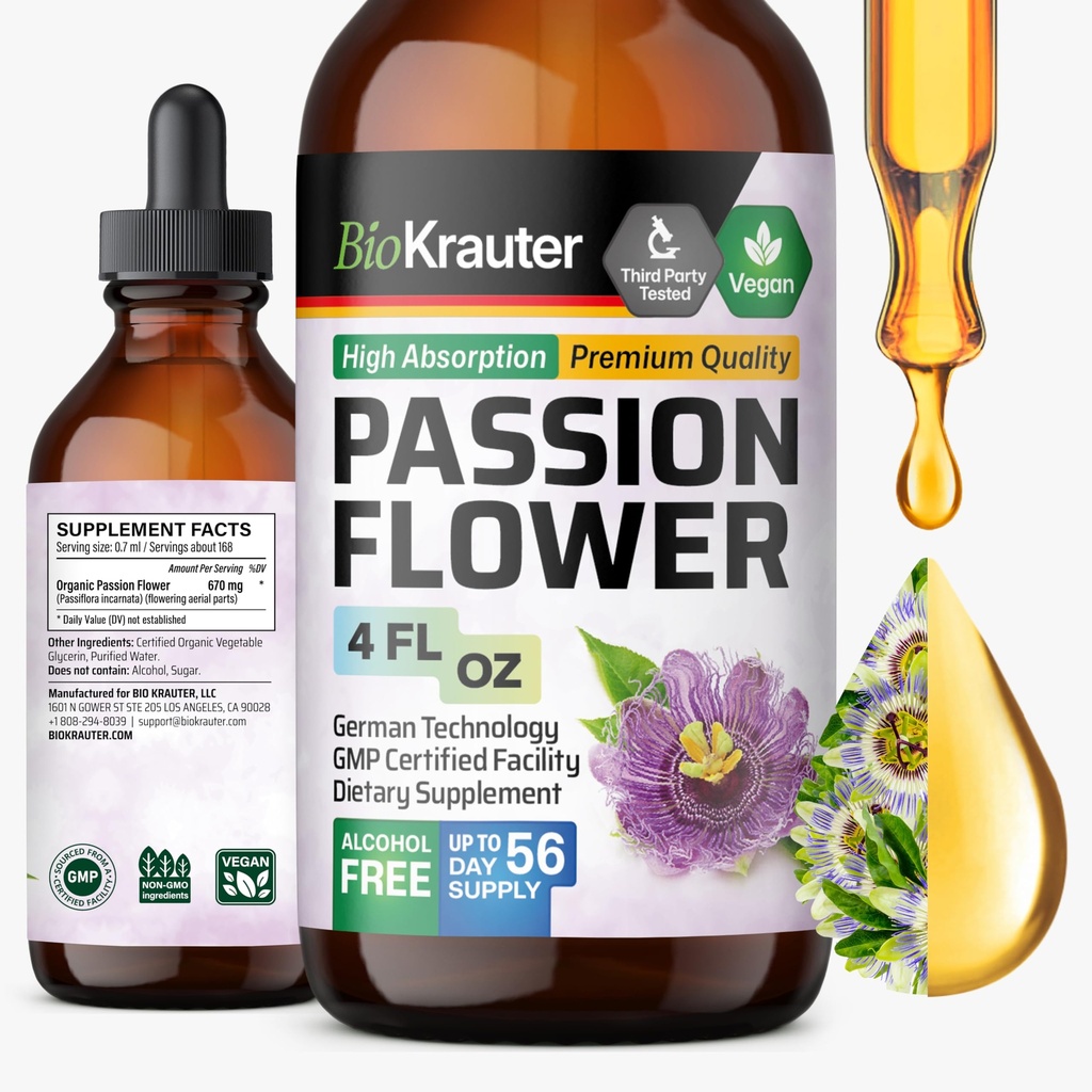 BIO KRAUTER® Passion Flower for Stress Relief - Calm & Mood Support - Pure Vegan Liquid Drops Passion Flower Extract 670 mg/Serving 4 Fl.Oz 56-Day Supply - Alcohol & Sugar Free - Natural Calm Drops