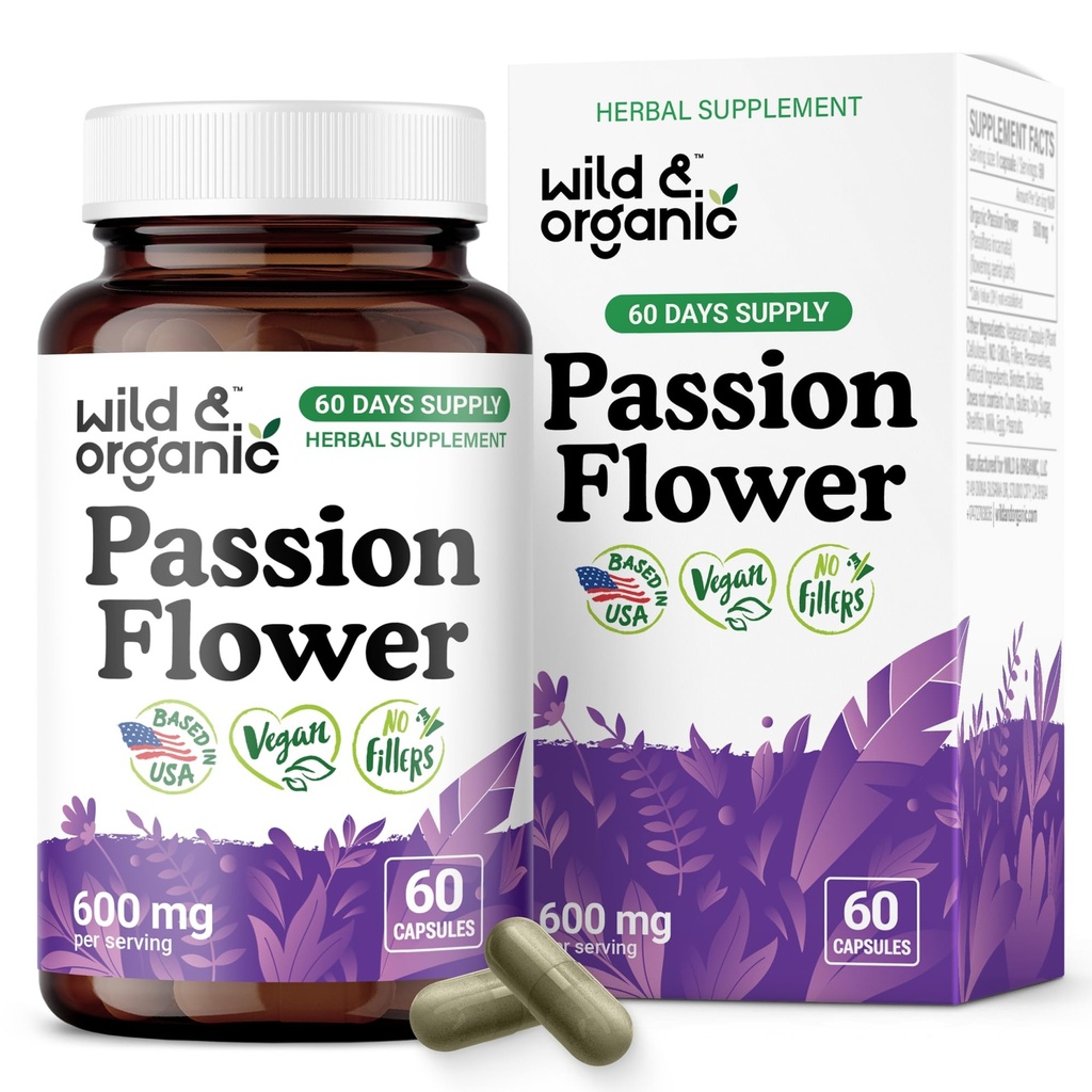Wild & Organic Passion Flower Capsules 600 mg - Relaxation & Mood Support - Passionflower Extract Supplement - Passiflora Incarnata Herb - Vegan, No Fillers, Non-GMO - 60 Count