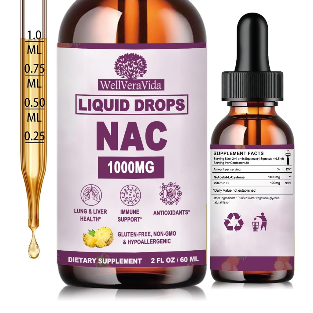 NAC Supplement N-Acetyl Cysteine 1000mg, Liposomal Nac Drops w. Vitamin C for Antioxidant, Liver & Kidney Detox*, Supports Respiratory & Immune Health, Fast Absorb Than Powder Gummies丨Dairy & Soy-Free