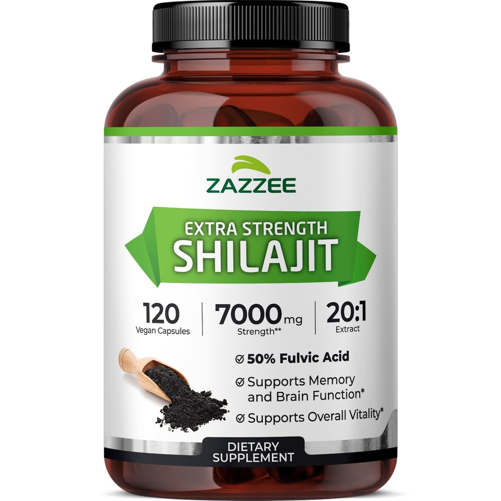 Zazzzee 100% Pure Himalayan Shilajit 20:1 抽取量,每卡普尔7000毫克强度,50%富尔维酸,每瓶120种服务量,20X Potency, Trace Minerals, Non-GMO, Vegan, 制造于美国