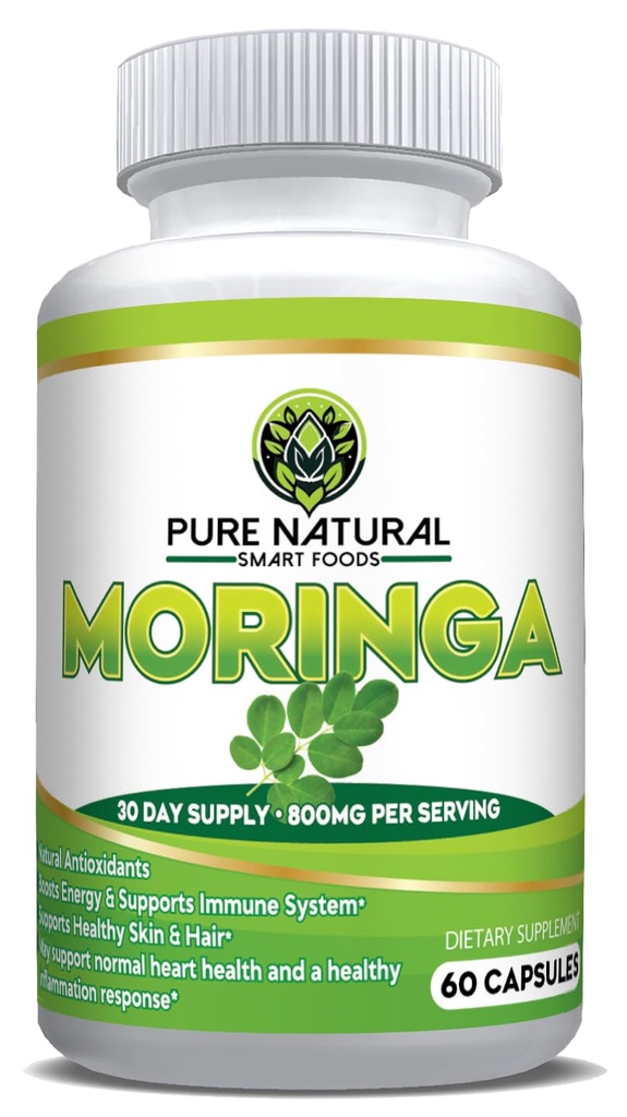 Moringa Leaf Capsules (60 Capsules) - 800mg of Pure Nutrient-Rich Moringa Powder -Green Superfood, Premium Supergreen, Vegan Greens, Nature's Multivitamin