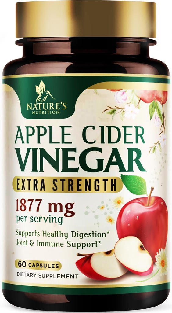 Apple Cider Vinegar Capsules 1877mg - 配有维生素D & Zinc的超强解毒和清洁剂 - 配有联合自然文摘和免疫支持的 Premium ACV Pills - 蔬菜补充剂 - 60 Capsules