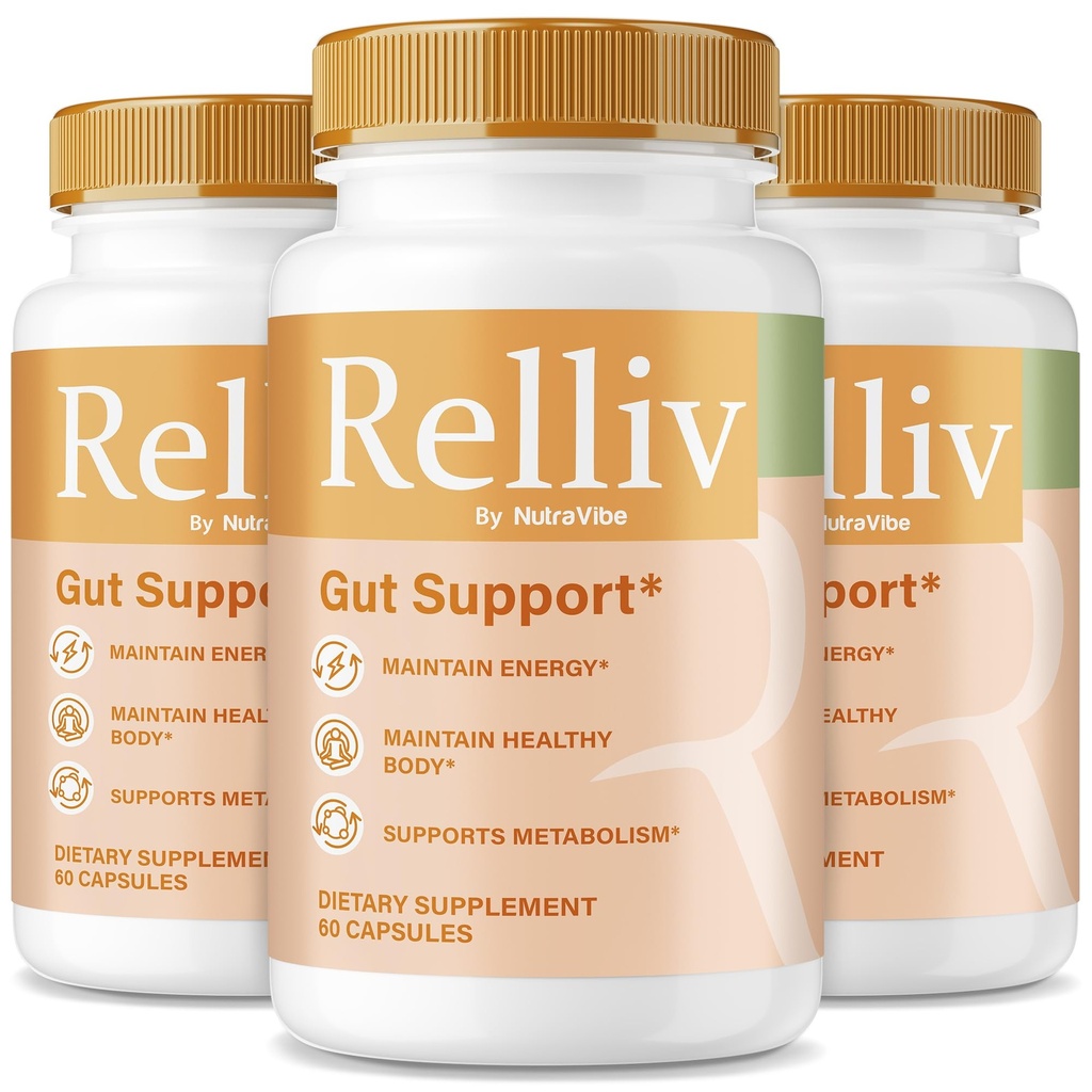 (3 Pack) Relliv – Premium Gut Support Formula with All-Natural Ingredients to Help Maintain Digestive Health and Comfort, Gentle and Easy-To-Swallow Pills, Just Take 2 Caps Daily (180 Capsules)