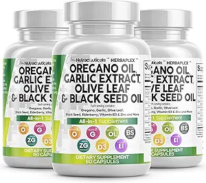 清真营养素 Oregano 油蒜提取橄榄叶黑种子油 - 对有维生素D3 & Zinc的妇女和男子的免疫支持和消化健康补充剂 - 3Pack